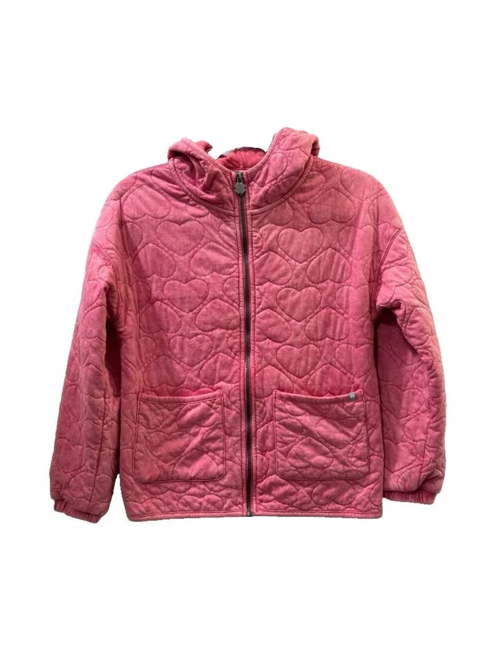 Lucky Brand Heart Quilted Pink Full Zip Hooded Jacket Size L 14/16